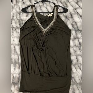 Olive green top with beading around the neck line- size M